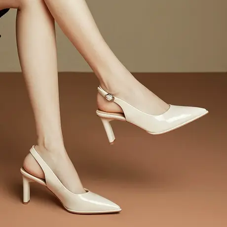 里外真皮后空一字扣高跟女粗跟简约百搭真皮女士职业上班工作单鞋商品大图