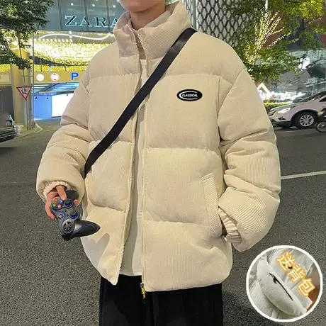 日系简约灯芯绒棉衣男秋冬季新款加厚立领棉服贴标棉袄情侣款外套商品大图