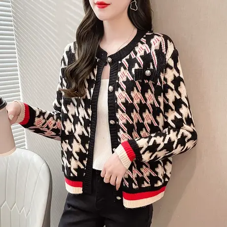 2023春装新款开衫女圆领针织衫女上衣百搭纽扣千鸟格外套毛衣商品大图