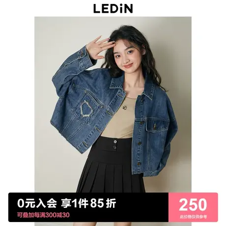 乐町甜美牛仔短外套2023春季新款女士早春复古宽松深蓝牛仔外套图片
