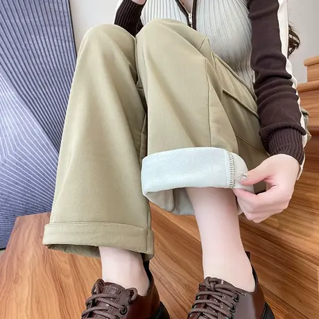 美式卡其色工装裤女2024冬季加绒高腰直筒阔腿束脚休闲灯笼运动裤商品大图