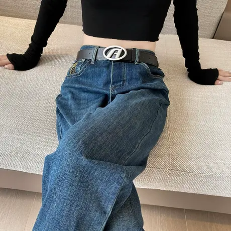 复古窄版阔腿牛仔裤女2024年春秋新款宽松直筒高腰显瘦垂感拖地裤商品大图