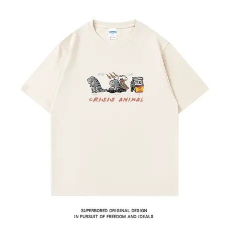 ins港风恐龙与石油趣味印花短袖t恤男夏季纯棉宽松情侣装半袖体恤商品大图