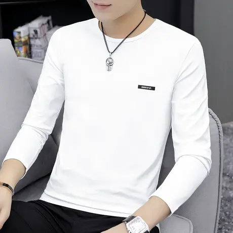 莫代尔白色t恤男长袖春季潮流圆领上衣服修身内搭打底衫薄款体恤商品大图