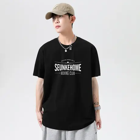 重磅纯棉短袖t恤男夏季美式潮流宽松全棉半袖圆领体恤黑色上衣服商品大图