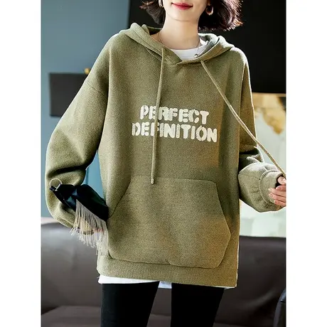 宝诗黎落肩长袖套头上衣女春季2024新款连帽字母针织宽松口袋卫衣商品大图