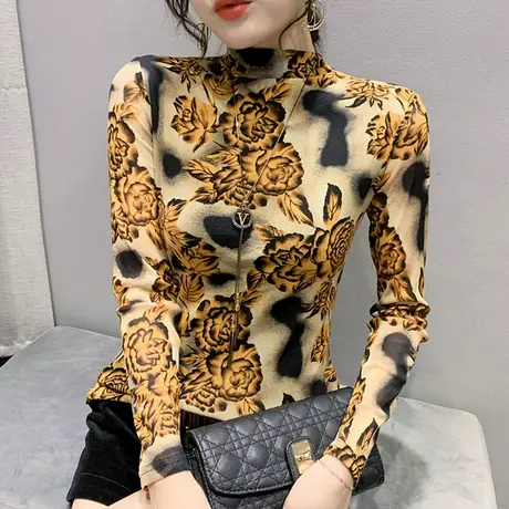 半高领打底衫女长袖2024春秋新款复古印花T恤洋气修身内搭上衣潮商品大图