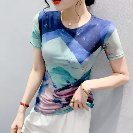 性感网纱气质T恤女短袖夏季修身洋气上衣时尚漂亮印花小衫半袖ins商品大图