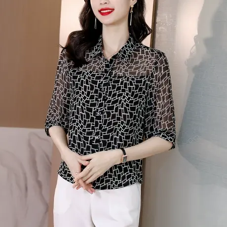 中袖雪纺衬衫女夏季短袖减龄洋气漂亮小衫妈妈装别致独特别致上衣商品大图