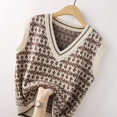 针织马甲女春秋2021新款复古提花毛衣背心外搭宽松慵懒时尚马夹潮图片