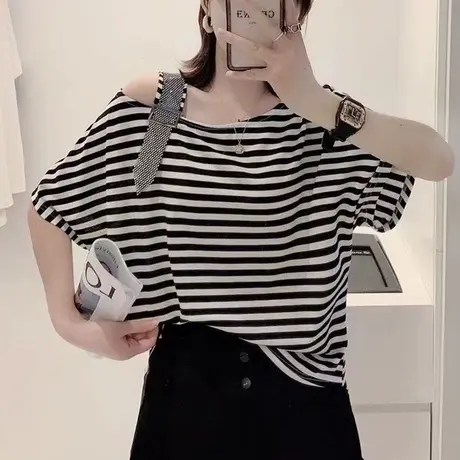 欧洲站夏季新款露肩性感T恤女短袖宽松大码设计感小众打底上衣女商品大图