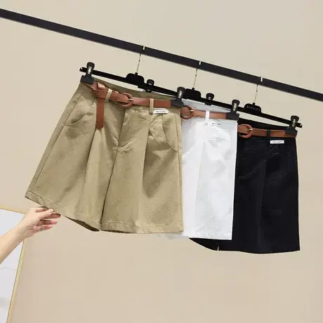 棉质感休闲西装中裤半松紧高腰短裤夏季宽松阔腿A字五分裤 送腰带图片