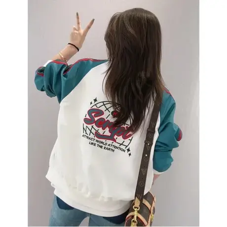 拼接撞色时尚宽松百搭棒球服外套女2023春季新款字母刺绣开衫夹克商品大图