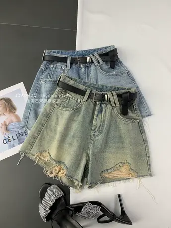 水洗磨破复古牛仔短裤女2023夏季新款显瘦百搭高腰阔腿裤a字短裤商品大图
