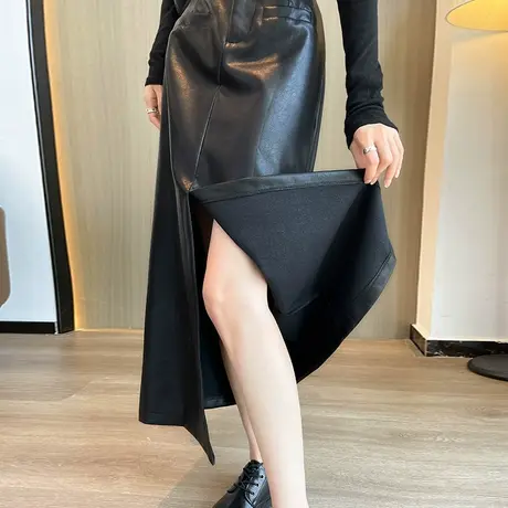 黑色PU皮半身裙女秋冬2023新款高腰显瘦开叉包臀a字中长款一步裙图片