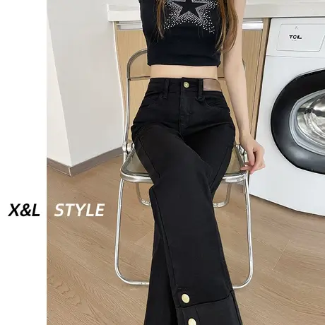 黑色直筒加绒牛仔裤女秋冬季2023新款高腰小个子八九分法棍烟管裤图片