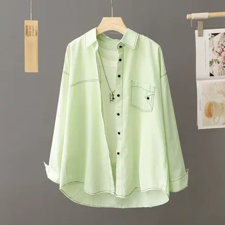 休闲纯棉衬衫女浅绿色上衣宽松大码中长款薄外套春秋新款2024衬衣图片
