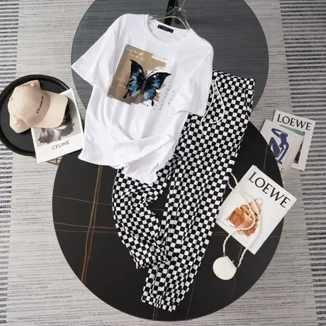 网红盐系运动服套装女夏季薄款宽松短袖长裤小个子时尚休闲两件套商品大图