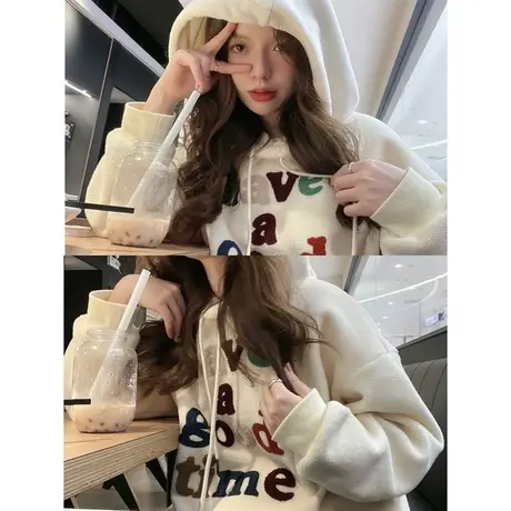 美式复古奶杏色连帽卫衣女款春秋季加绒加厚潮牌外套oversize上衣图片