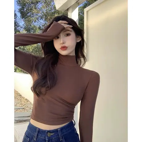 半高领打底衫女内搭早秋紧身短款螺纹长袖针织T恤咖色性感上衣潮商品大图