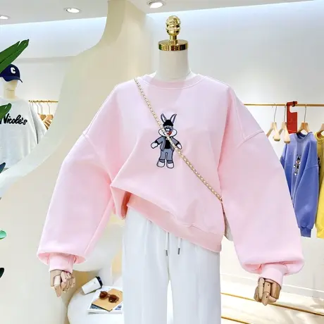刺绣兔子卡通简约2023春秋宽松显瘦圆领套头卫衣女外套小个子休闲图片