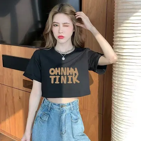 黑色t恤女短袖宽松2023年夏季新款正肩短款体桖上衣打底小衫女士商品大图