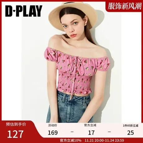 DPLAY夏新度假风粉调玫瑰园方领系带蝴蝶结两穿印花小衫商品大图