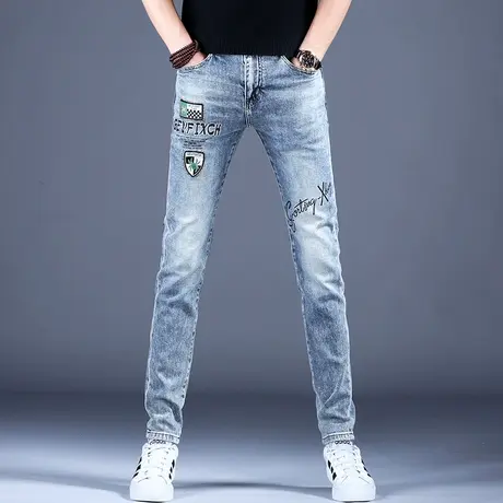 刺绣印花牛仔裤男款2023新款秋冬裤子男修身小脚休闲弹力高端潮牌商品大图