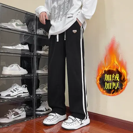 美式潮牌休闲卫裤男秋冬设计感拼色条纹重磅长裤重磅加绒直筒裤子商品大图