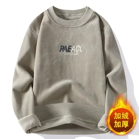 灯芯绒卫衣男士秋冬季新款圆领长袖T恤衫男士加绒加厚条绒打底衫图片