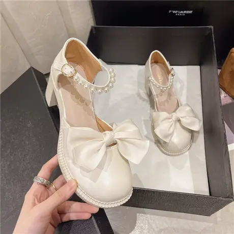 玛丽珍鞋女2023年春季新款珍珠蝴蝶结粗跟防滑时尚百搭复古小皮鞋商品大图