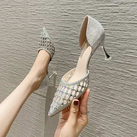 性感少女尖头高跟鞋女细跟2024夏季新款时尚气质百搭镂空水钻单鞋图片