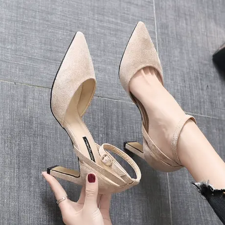 粗跟高跟鞋2020夏季新款韩版百搭职业单鞋性感一字扣带包头凉鞋女商品大图