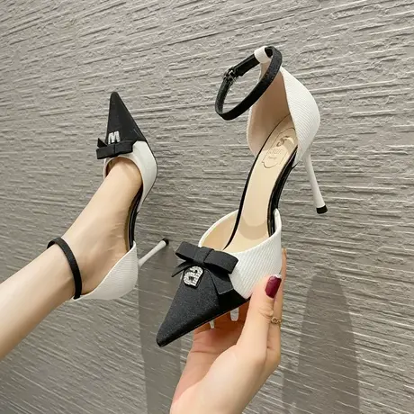 2024年夏季新款拼接撞色一字扣带法式水钻蝴蝶结尖头细跟高跟鞋商品大图
