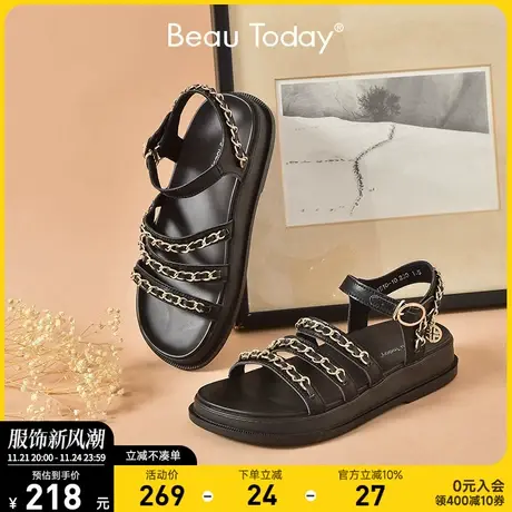 BeauToday黑色厚底凉鞋女夏平底时装凉鞋一字带真皮松糕罗马女鞋商品大图