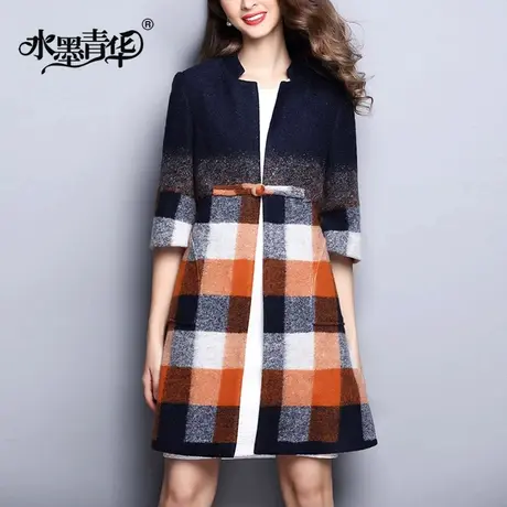 水墨青华2023冬装新品时尚格子一粒扣大衣修身气质毛呢外套女商品大图