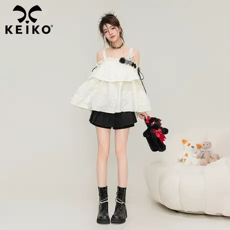 KEIKO 一字肩吊带上衣女娃娃衫23夏季别致漂亮小衫荷叶边露肩衬衫图片