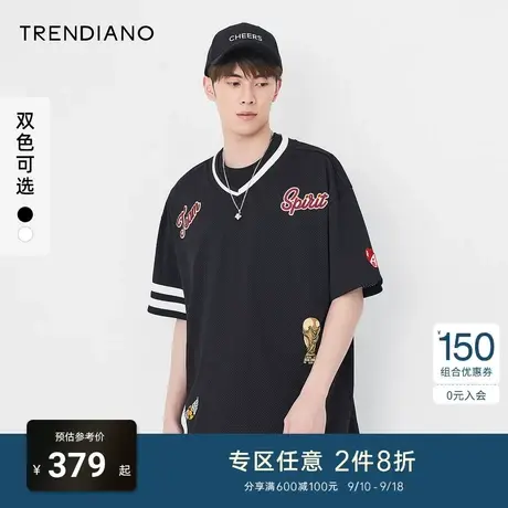 TRENDIANO狂热杯系列半袖网孔T恤男夏季新款潮流V领宽松短袖商品大图