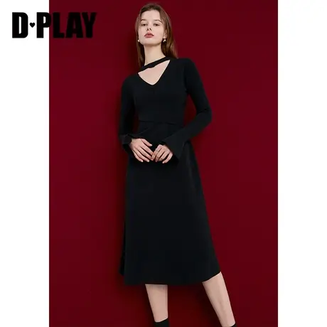 DPLAY秋季法式优雅黑色外穿内搭镂空针织连衣裙气质小黑裙商品大图