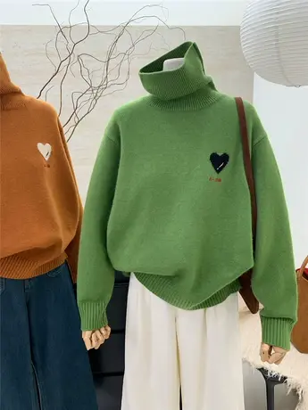 2024韩国新品韩系纯色简约宽松爱心提花高领针织毛衣女上衣秋冬季图片