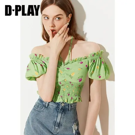 DPLAY夏新款ins度假风森林玫瑰印花蝴蝶结系带两穿小衫商品大图