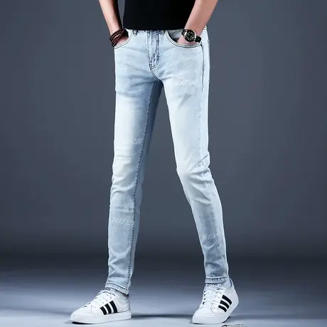 浅色高档牛仔裤子男款2024新款春秋休闲长裤小脚修身弹力潮流男裤商品大图