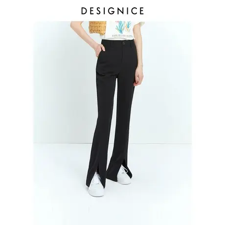 迪赛尼斯夏季新款垂感西装裤长裤高腰黑色复古开衩微喇拖地裤女商品大图