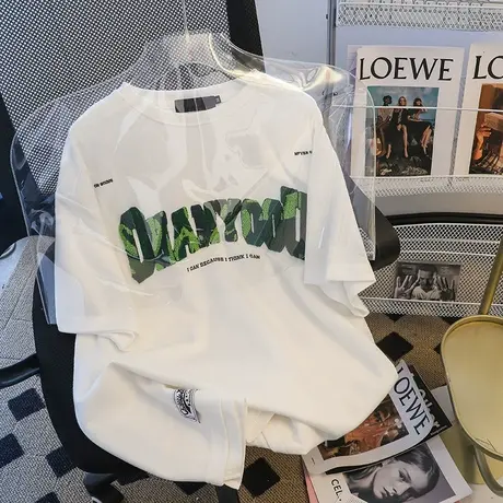 纯棉重磅植绒字母设计感短袖t恤女2023新款夏季宽松上衣服ins潮牌商品大图