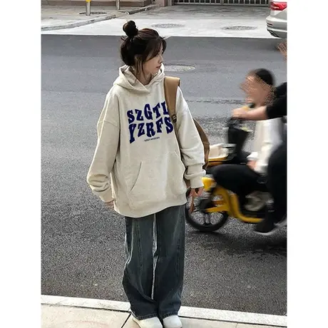 美式复古连帽卫衣女春秋薄款韩版宽松慵懒风带帽上衣加绒外套潮牌图片