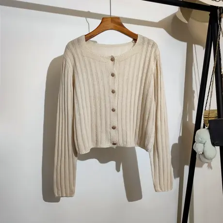 温柔风镂空针织开衫女春夏新款显瘦高腰短款长袖方领打底上衣外套商品大图