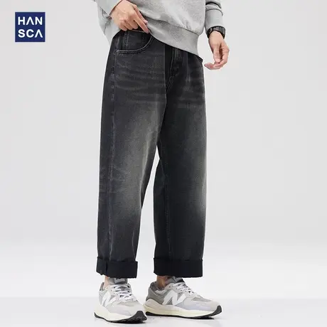 汉斯卡高街黑色牛仔裤男直筒宽松秋季潮牌美式复古加肥加大阔腿裤商品大图