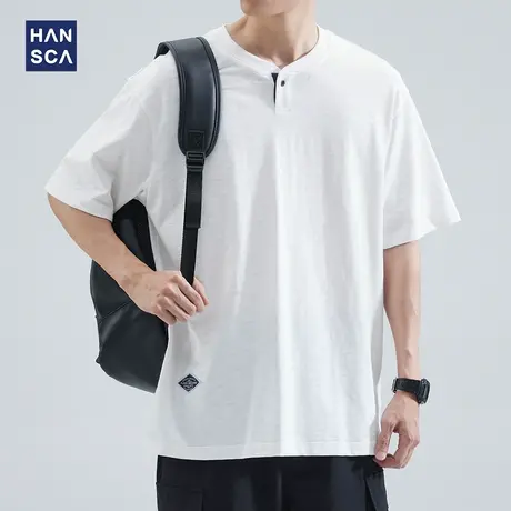 hansca 竹节棉短袖t恤男2023夏季潮牌重磅宽松大码休闲亨利领上衣商品大图