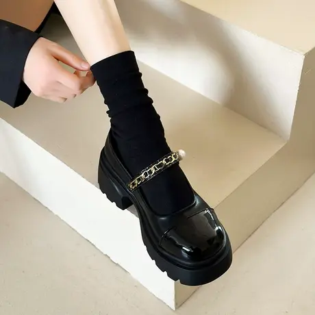 一字带玛丽珍鞋女2024春夏新款复古百搭浅口单鞋配裙子粗跟小皮鞋图片