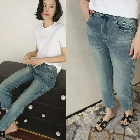 2024春夏新款休闲简约字母高腰显瘦显腿长九分小脚裤女士牛仔裤女图片
